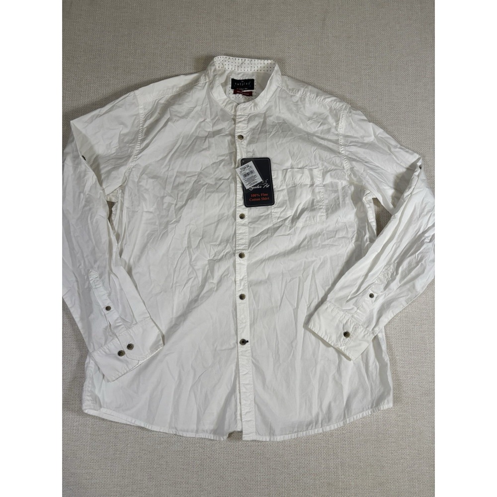 Netplay Men XL White Banded Collar Shirt 100% Cotton Long Sleeve NWT